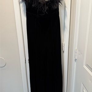 Flying Tomato Velvet Black Feather-Trimmed Jumpsuit